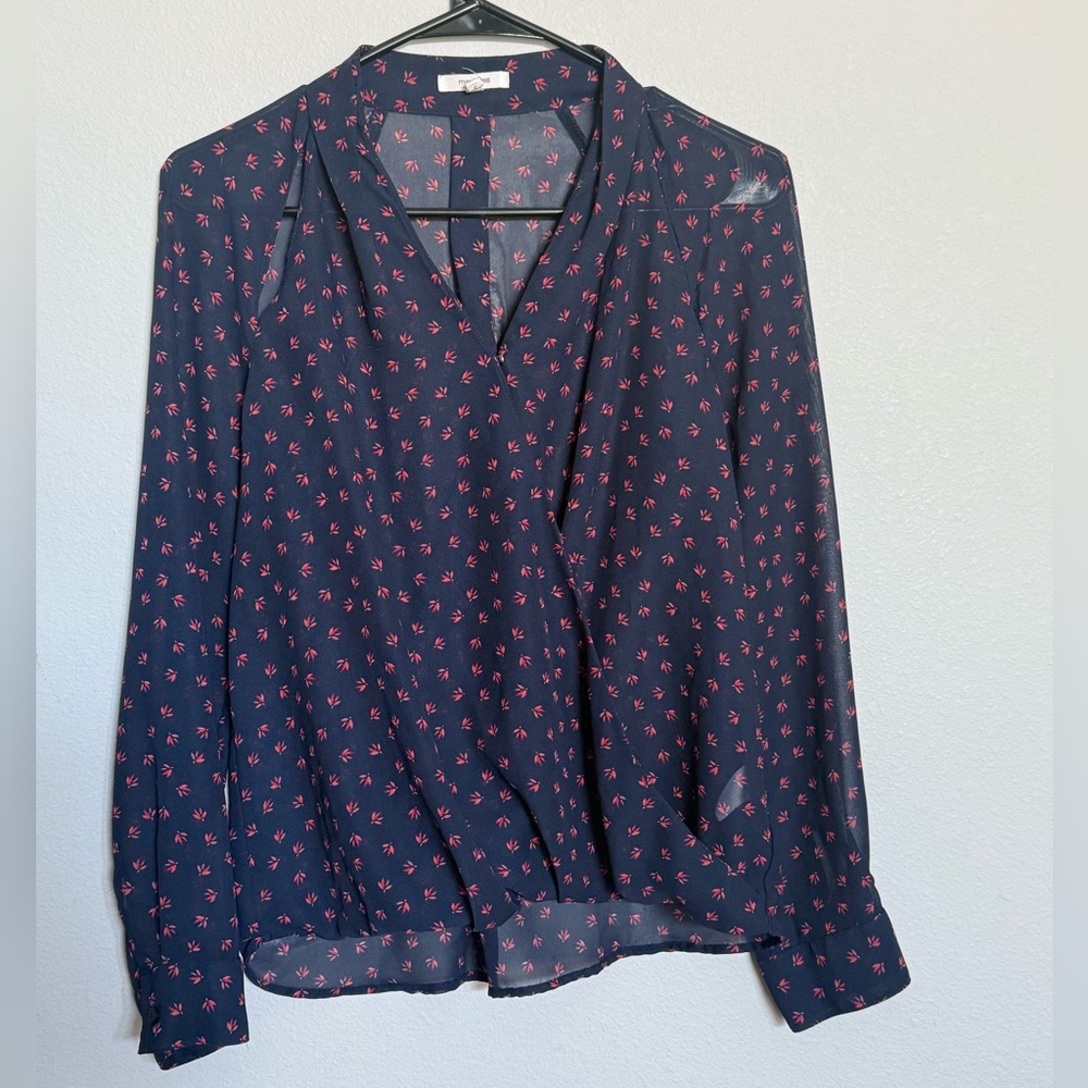 Maurices Dark Blue Blouse with Red Floral Design
